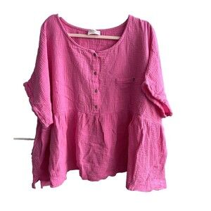 First Love Hot Pink Gauze Peplum Blouse 2X Relaxed Fit Top 100% Cotton Lagenlook
